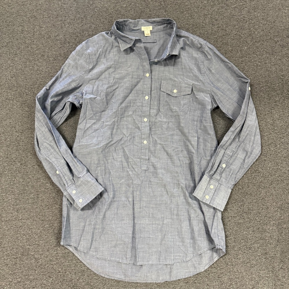 Modern J.Crew Chambray Popover Shirt Womens M Blue Good Long Sleeve Roll Tab